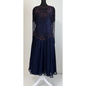 Vtg SCALA Beaded Evening Gown L Navy Chiffon Lace Sequin Formal Dress Midi